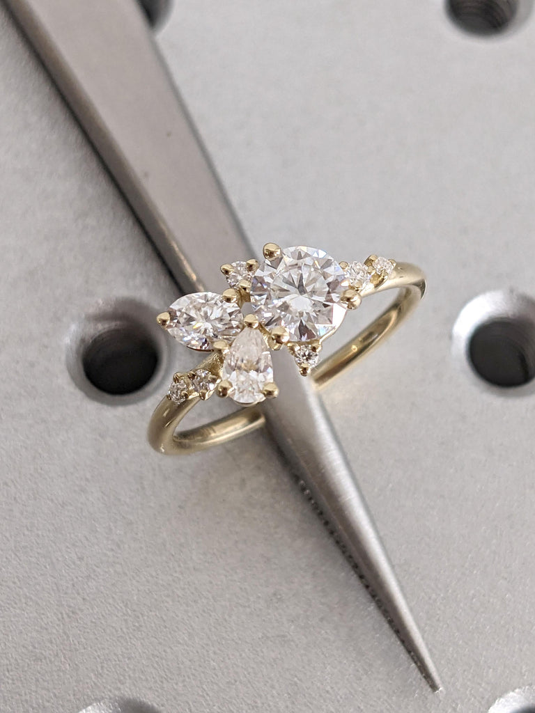 Moissanite Engagement Cluster ring, 14k Yellow Gold Cluster Ring, Alternate Diamond ring, Stacking Diamond Ring, Round Moissanite