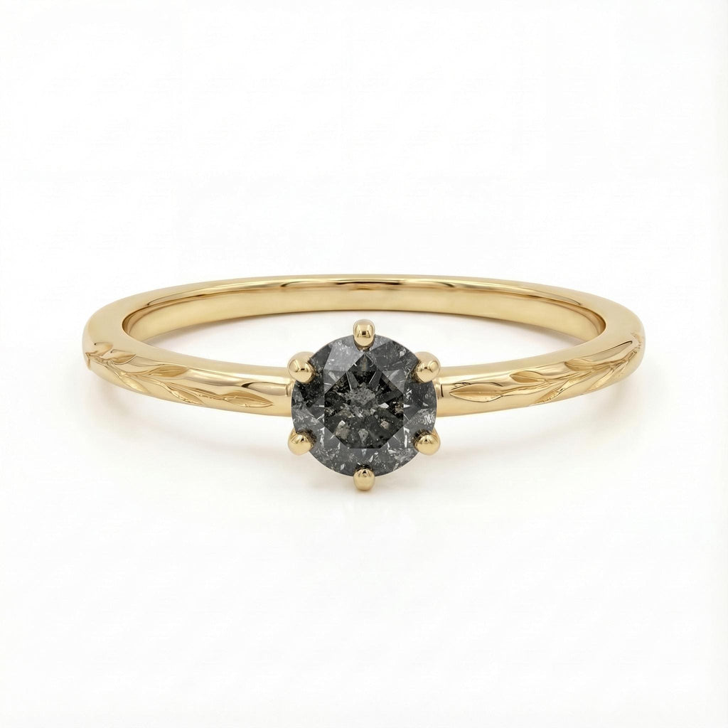 Olive Branch Ring Salt Pepper Diamond, 14K Yellow Gold Solitaire Engagement Ring, Vintage Engraved Heirloom Band image #4