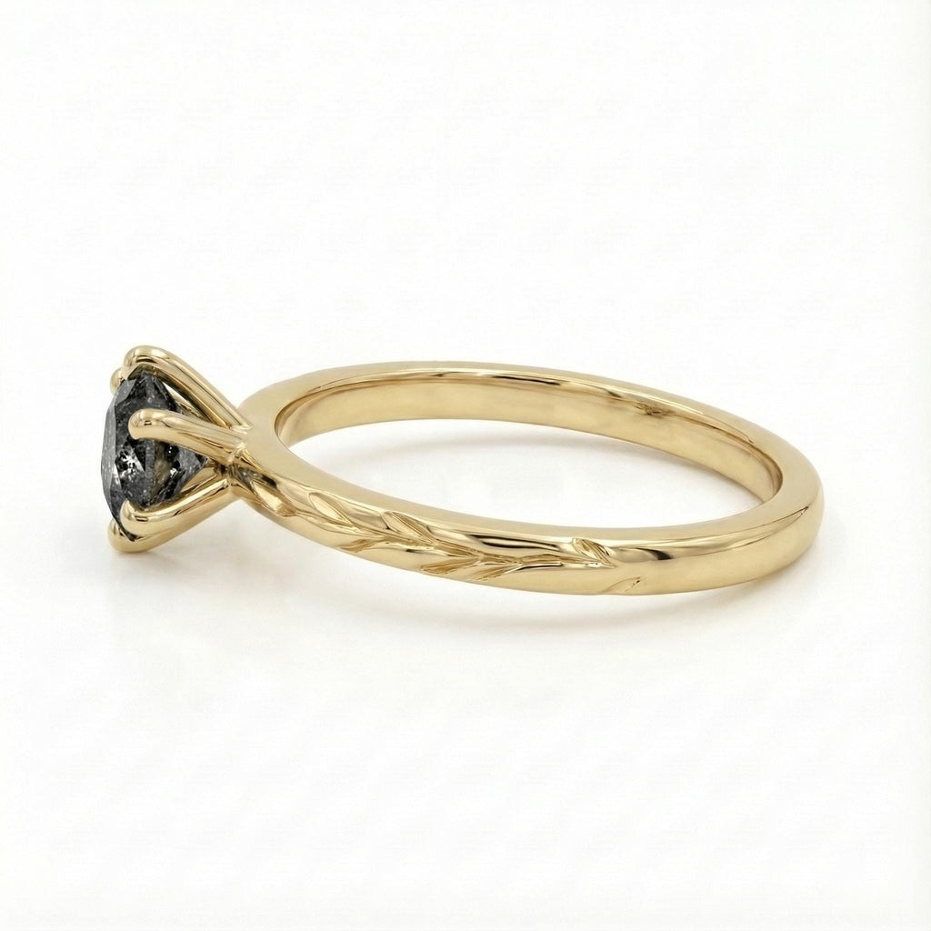 Olive Branch Ring Salt Pepper Diamond, 14K Yellow Gold Solitaire Engagement Ring, Vintage Engraved Heirloom Band image #3
