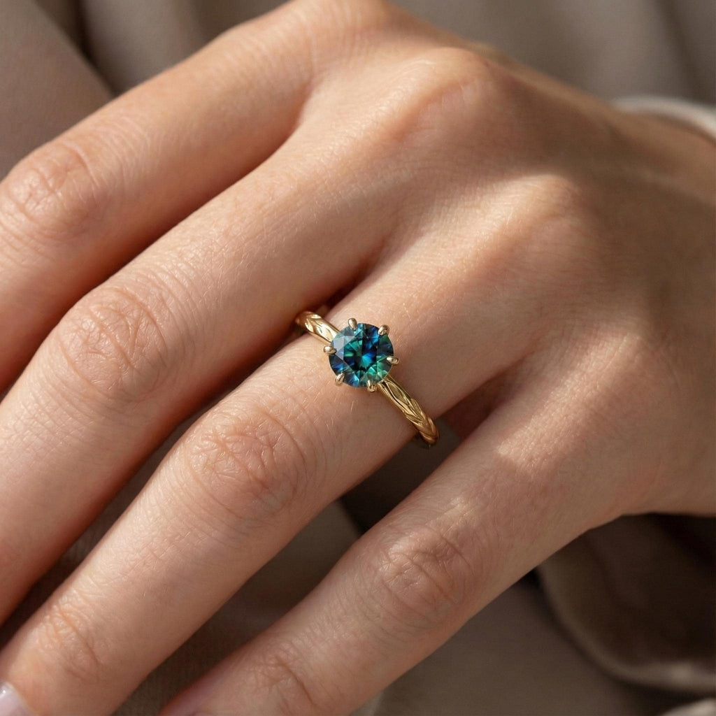 Olive Branch Ring Peacock Sapphire, 14K Solid Yellow Gold Solitaire Engagement Ring, Vintage Engraved Heirloom Band, Unique Wedding Ring