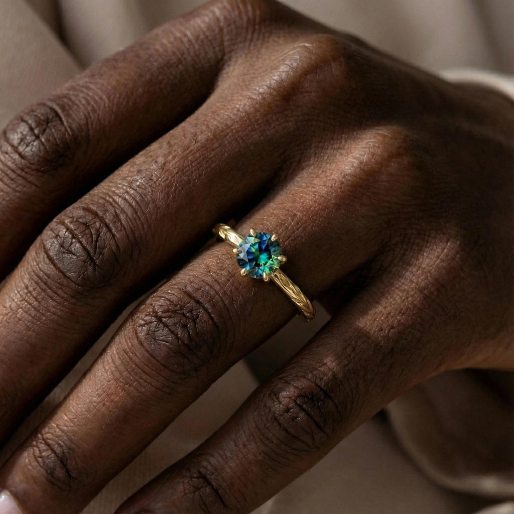 Olive Branch Ring Peacock Sapphire, 14K Solid Yellow Gold Solitaire Engagement Ring, Vintage Engraved Heirloom Band, Unique Wedding Ring image #4