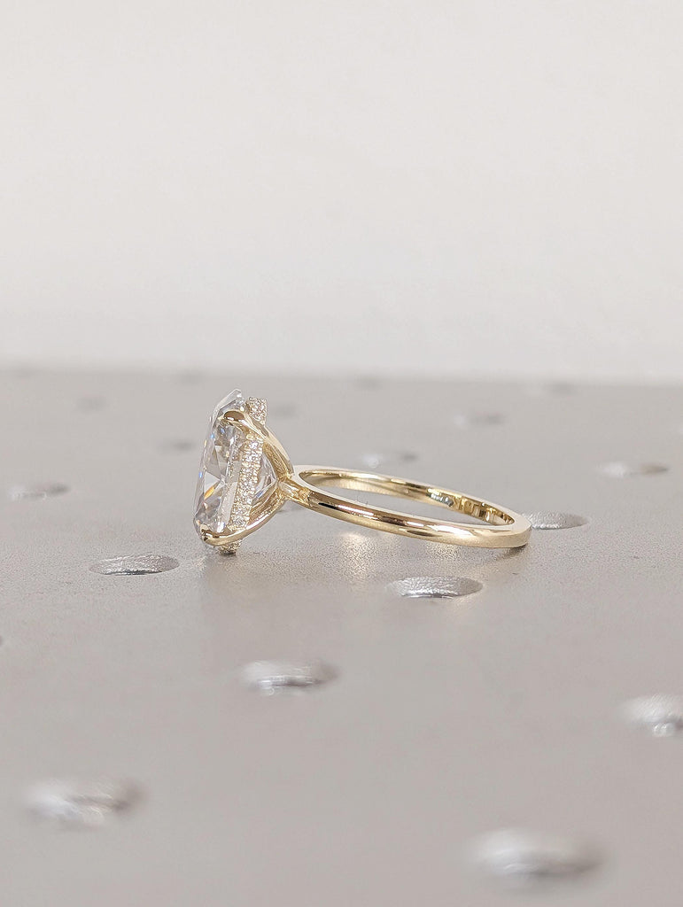 Oval Cut Moissanite Hidden Halo Diamond Ring, 14K Solid Yellow Gold Wedding Band, Claw Prong Setting, Custom Art Deco Ring, Anniversary Gift image #4