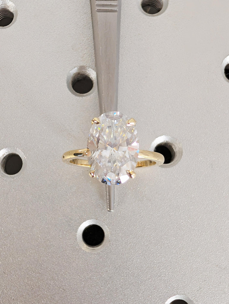 Oval Cut Moissanite Hidden Halo Diamond Ring, 14K Solid Yellow Gold Wedding Band, Claw Prong Setting, Custom Art Deco Ring, Anniversary Gift image #7