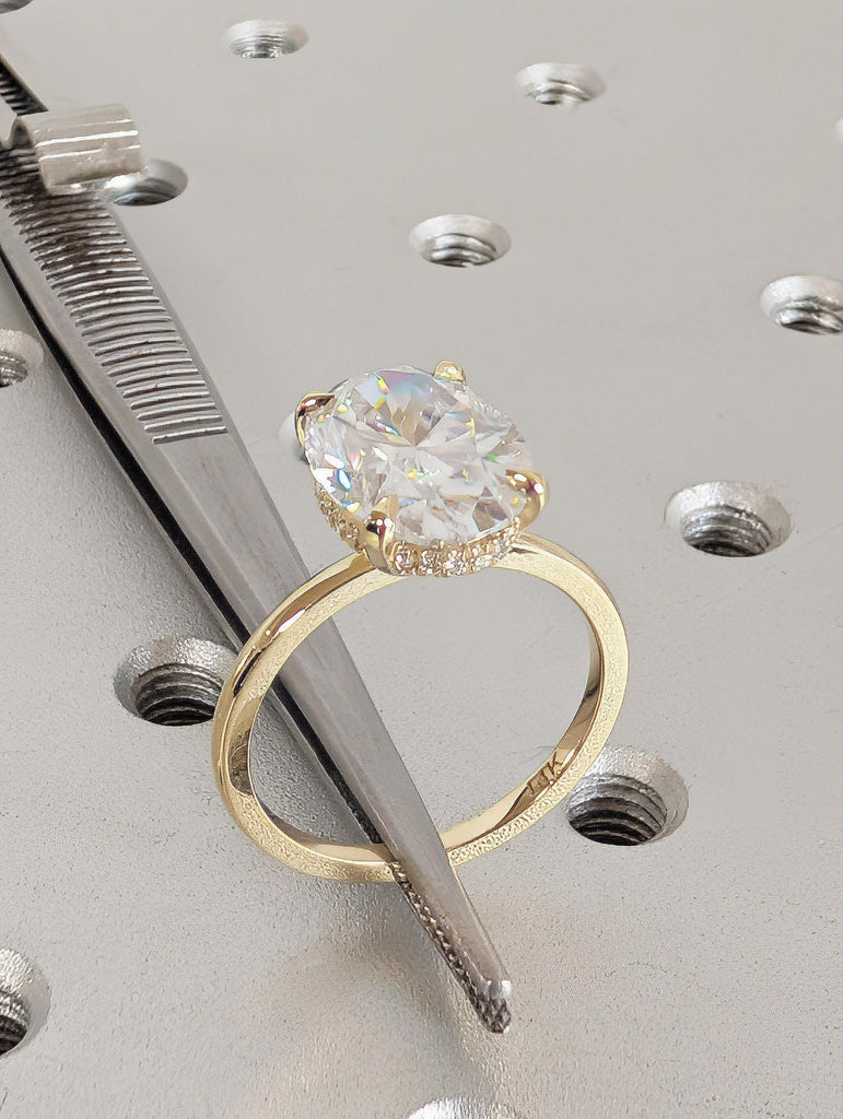 Oval Cut Moissanite Hidden Halo Diamond Ring, 14K Solid Yellow Gold Wedding Band, Claw Prong Setting, Custom Art Deco Ring, Anniversary Gift image #2