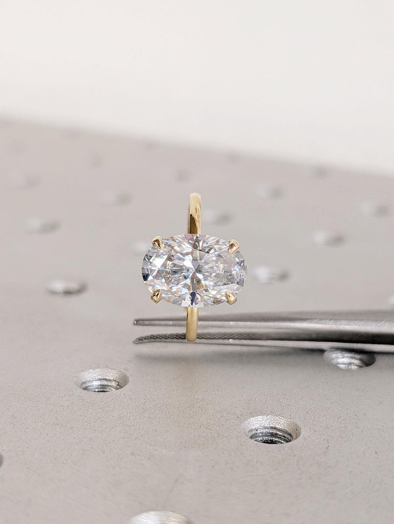 Oval Cut Moissanite Hidden Halo Diamond Ring, 14K Solid Yellow Gold Wedding Band, Claw Prong Setting, Custom Art Deco Ring, Anniversary Gift