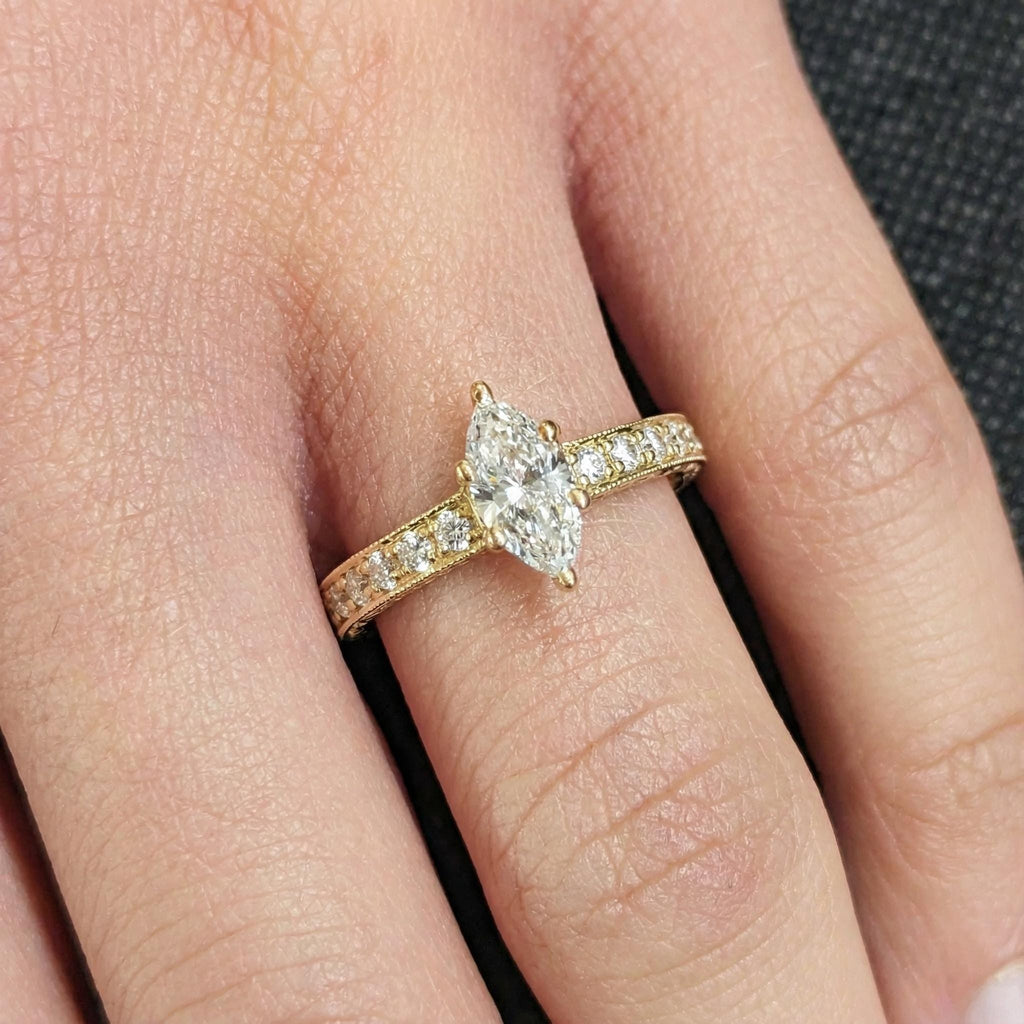 Marquise Ring, Vintage Lab Grown Diamond Engagement Ring, Solid Gold Unique Classic Paved Diamond Filigree Hand Carved Ring, Antique Style image #2
