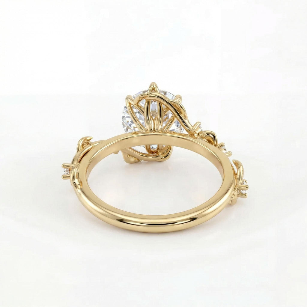 Tulip Petal Setting Rustic Wedding Ring: 1.5ct D/F Color IGI Diamond, Round cut, Vine and Leaf Band in Solid Gold or Platinum image #2