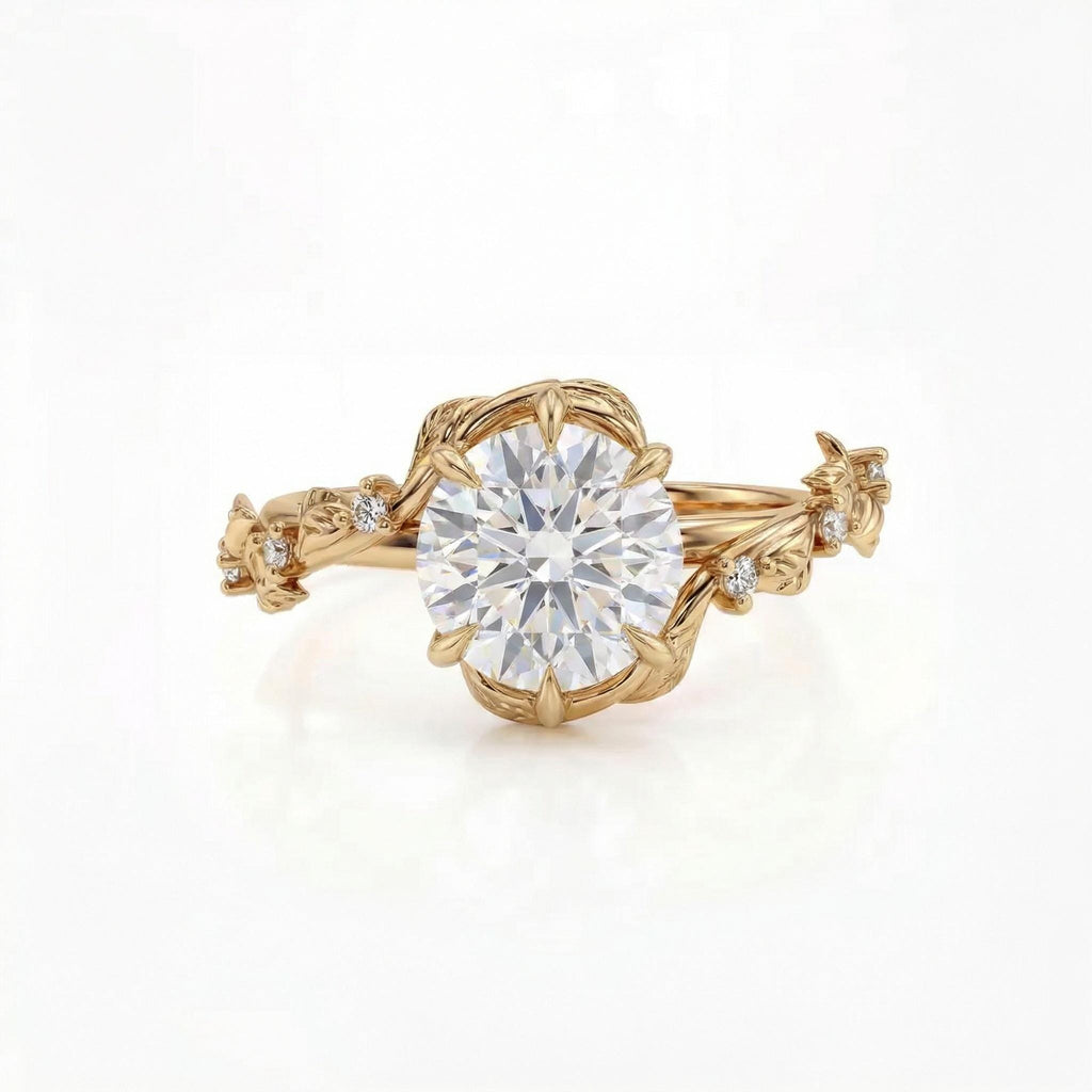 Tulip Petal Setting Rustic Wedding Ring: 1.5ct D/F Color IGI Diamond, Round cut, Vine and Leaf Band in Solid Gold or Platinum image #4