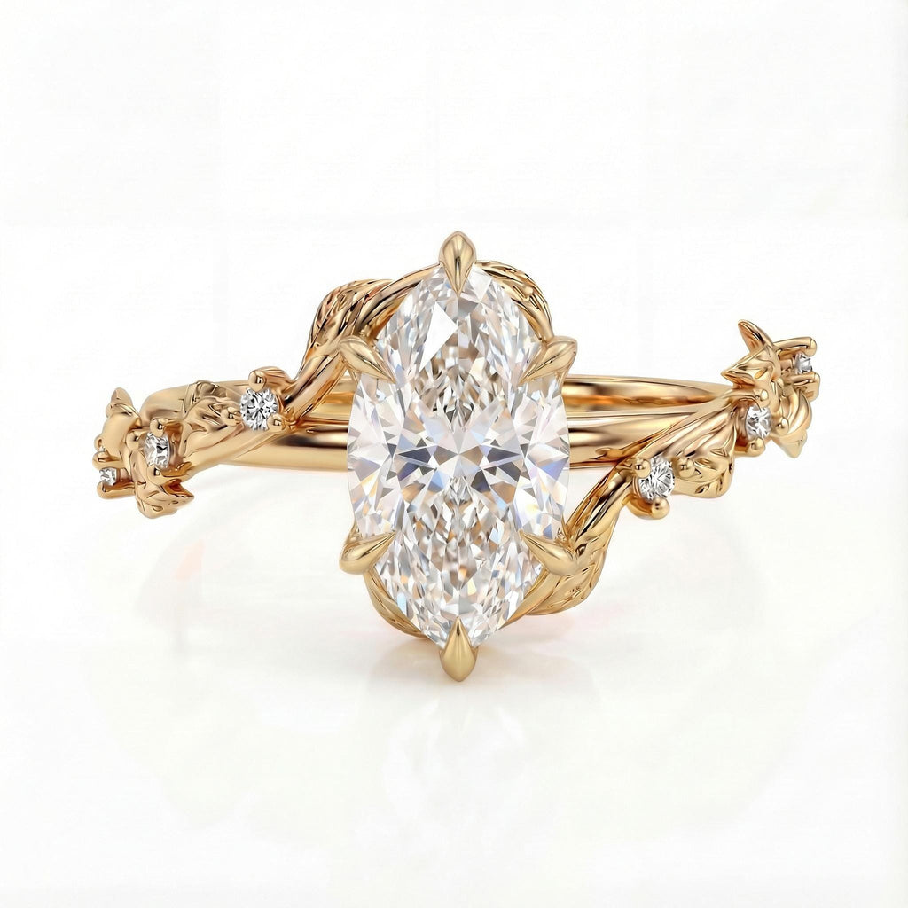 Tulip Petal Setting Rustic Wedding Ring: 1ct D/F Color IGI Diamond, Marquise cut, Vine and Leaf Band in Solid Gold or Platinum image #4