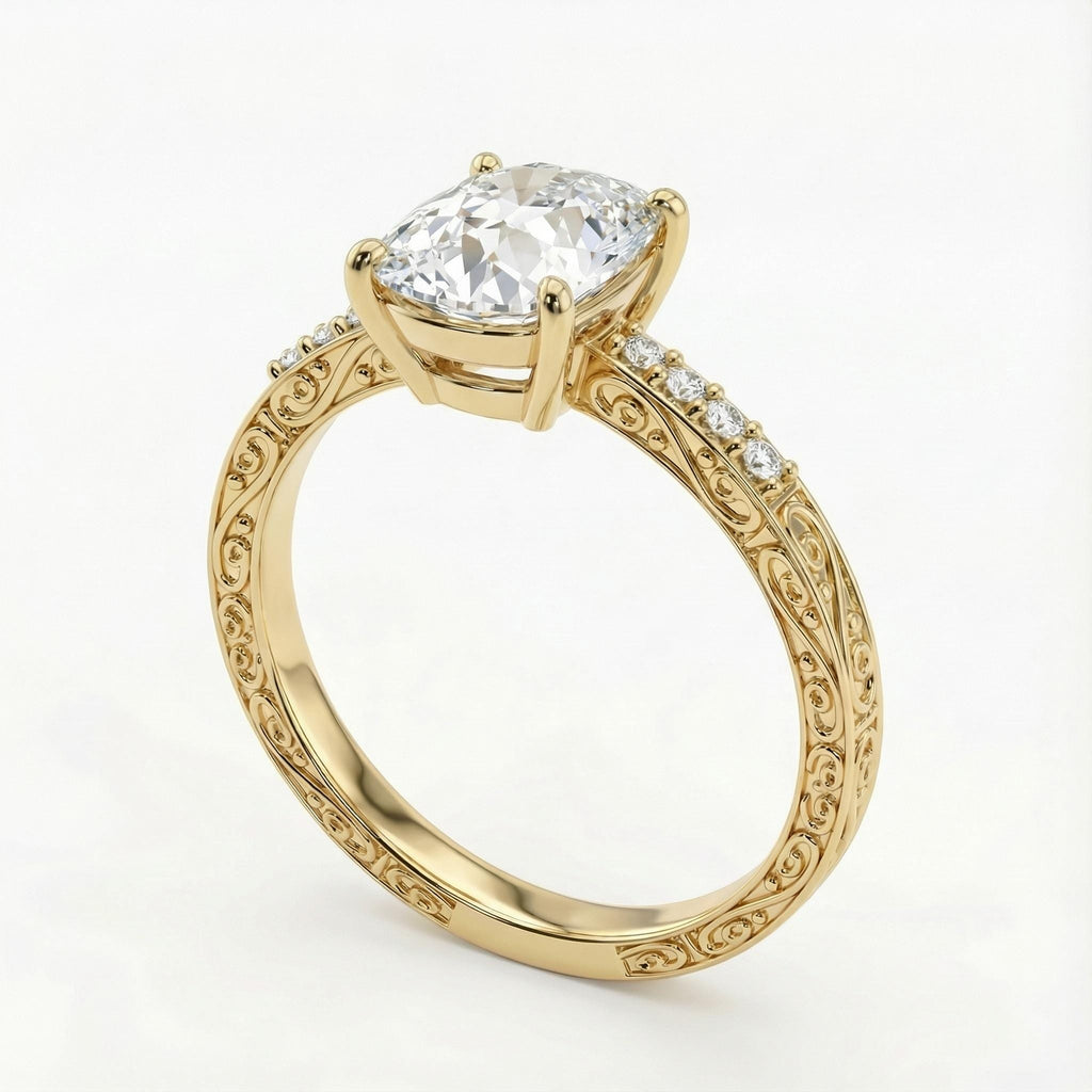 Antique Old Mine cut Diamond Engagement Ring | Elongated Cushion IGI Certified Lab Diamond Ring | Yellow Gold Rings for Women image #2