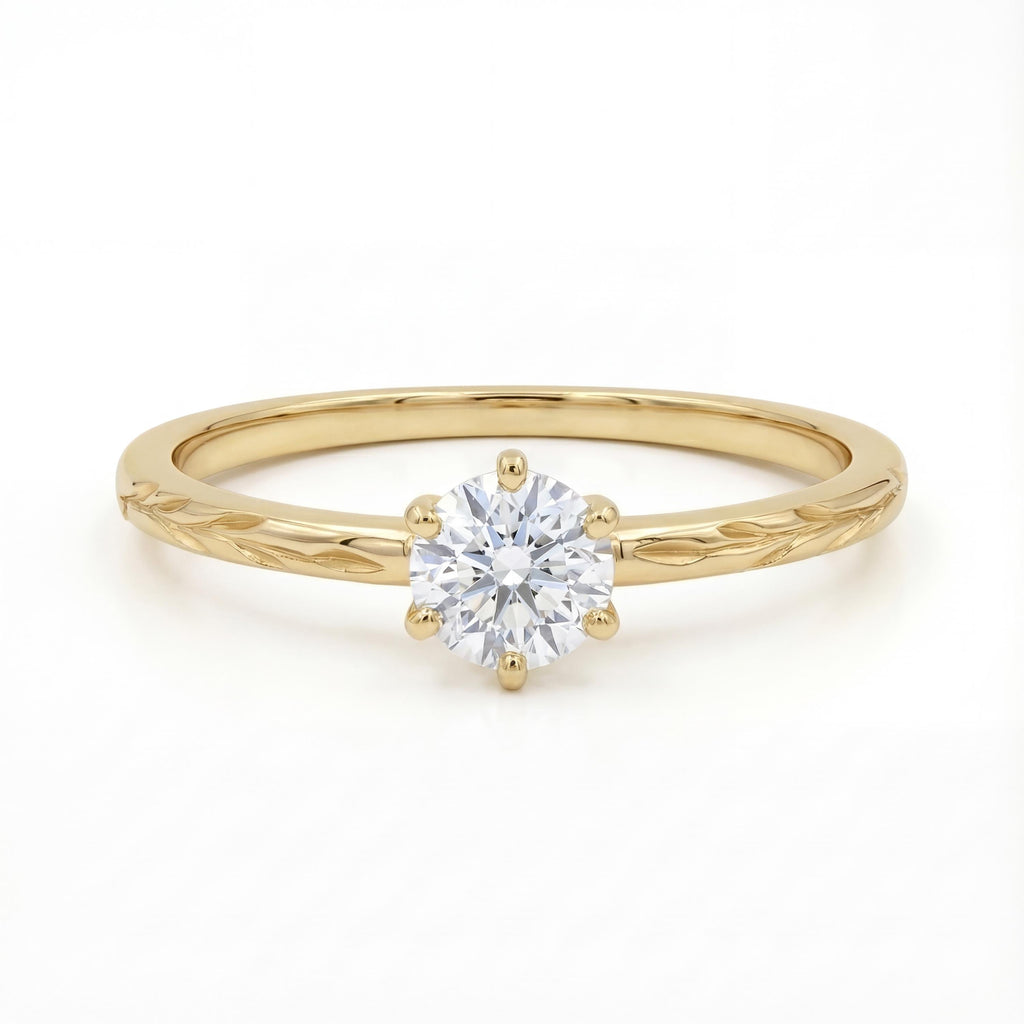 14K Yellow Gold Round Moissanite Engagement Ring, Vintage Gold Olive Branch Ring, Women's Wedding Band, Anniversary Wedding Gift, Her Ring image #5