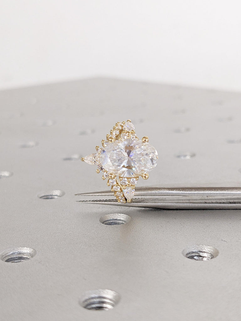 Bridal Ring Set, IGI Certified Oval Lab Diamond Engagement Ring, Round & Pear Moissanite Cluster image #6