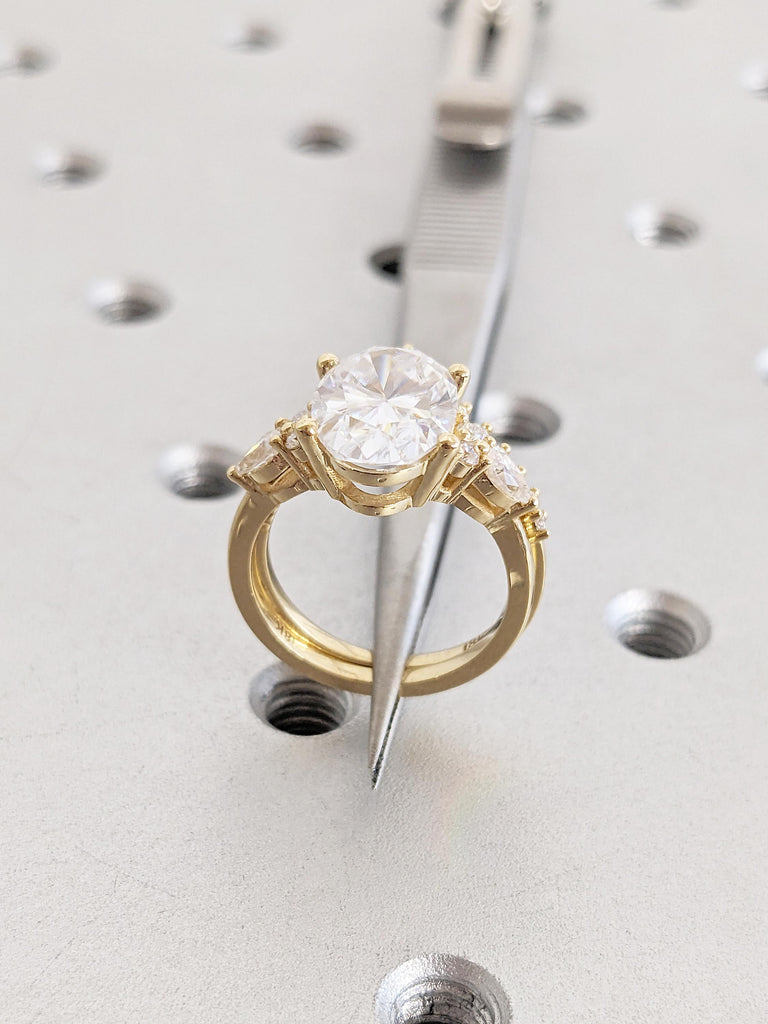 Bridal Ring Set, IGI Certified Oval Lab Diamond Engagement Ring, Round & Pear Moissanite Cluster image #13