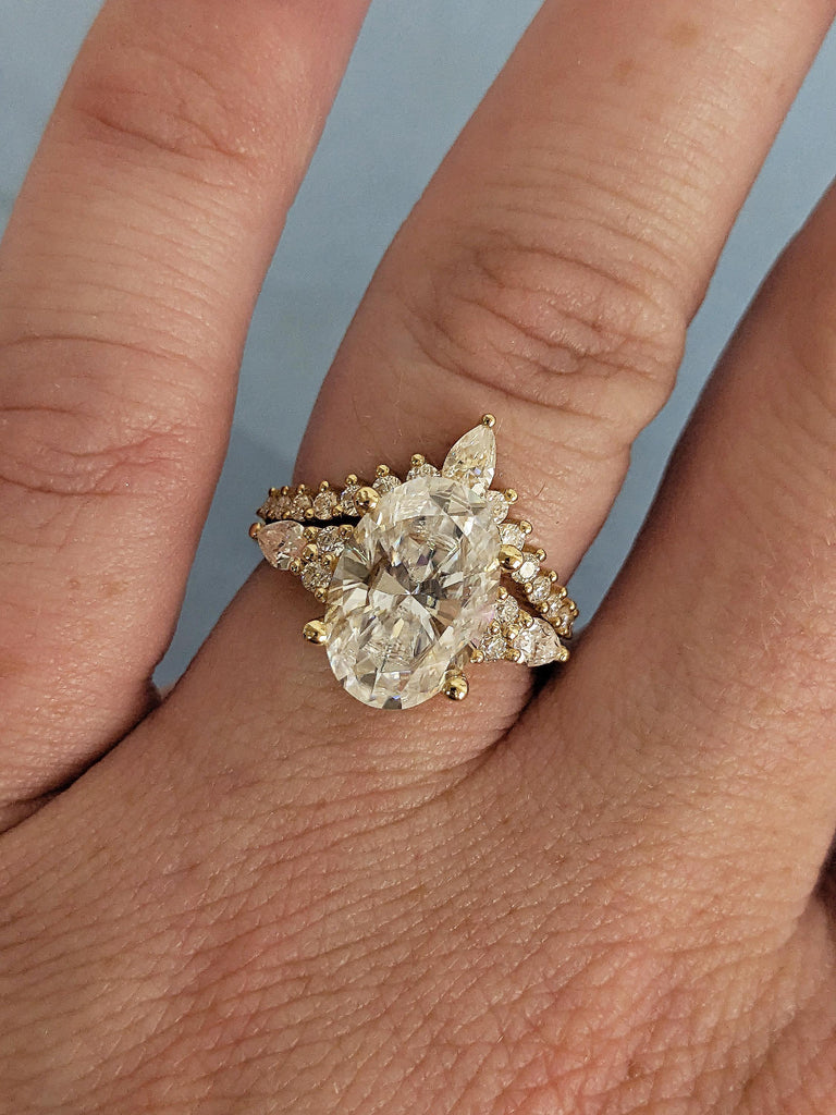 Bridal Ring Set, IGI Certified Oval Lab Diamond Engagement Ring, Round & Pear Moissanite Cluster image #17
