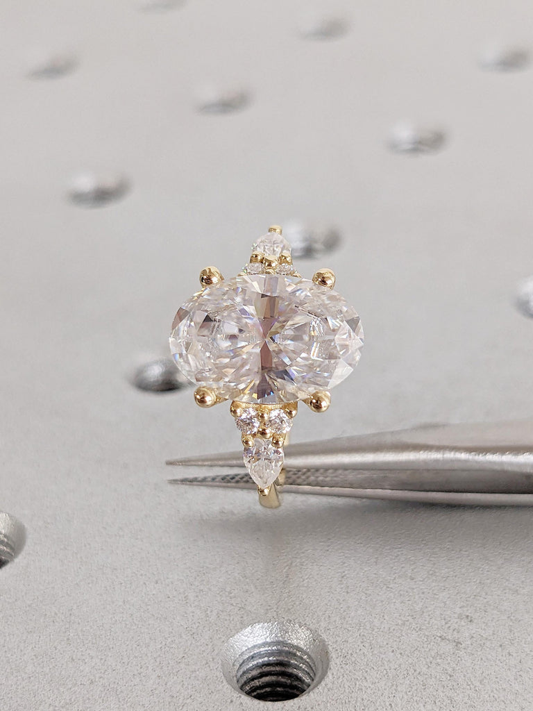 Oval Lab Grown Diamond Ring Set, 18k Solid Gold Matching Engagement Ring, Round and Pear Lab Created Diamond Side Stones, Big Statement Ring image #18