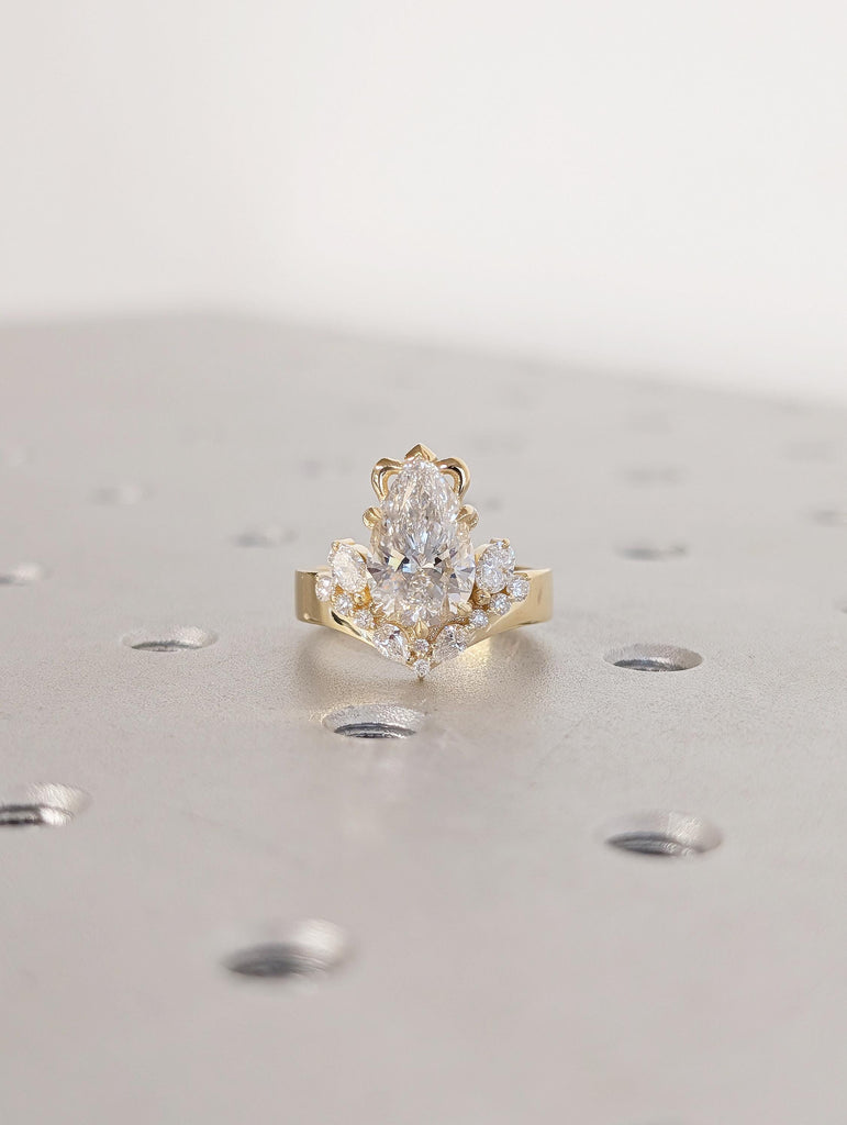 Art Deco Lab Grown Diamond Ring, Pear Shaped Engagement Ring, Vintage Style 18k Solid Gold Anniversary Rings for Women, Diamond Cluster Ring image #10