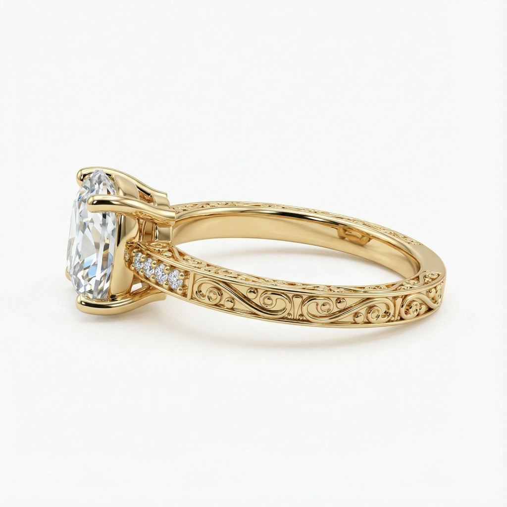 Vintage Old Mine cut Moissanite Engagement Ring | Long Cushion Cut Moissanite Promise Ring | 14K Yellow Gold Filigree Engraving Wedding Band image #3