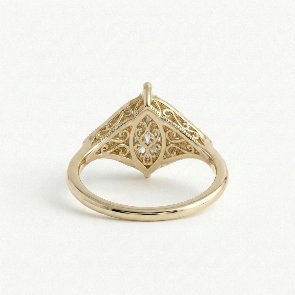 Vintage Filigree Marquise cut Moissanite Engagement Ring | Art Deco Yellow Gold Wedding Ring For Women | Anniversary Gift for Wife image #5