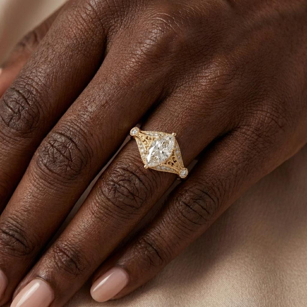 Gold Heirloom Lab Diamond Engagement Ring, Marquise Cut Victorian Filigree Band, Antique Proposal Ring, Women's Wedding Anniversary Ring image #4