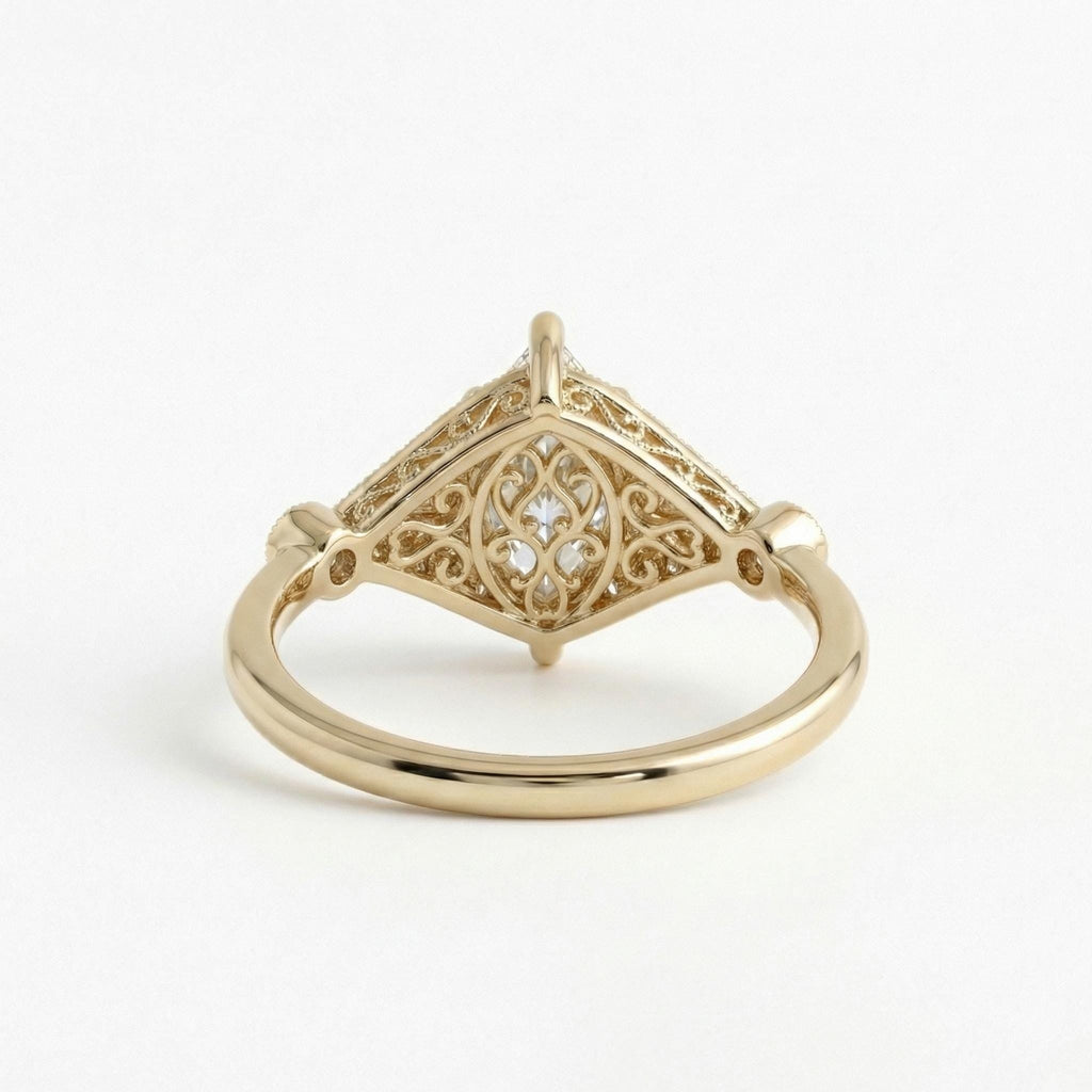 Victorian Style Marquise Cut Moissanite Ring, Antique Filigree 14K Yellow Gold Heirloom Engagement Ring image #4