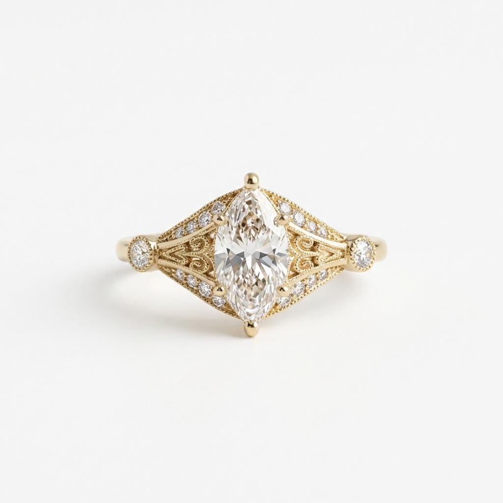 Gold Heirloom Lab Diamond Engagement Ring, Marquise Cut Victorian Filigree Band, Antique Proposal Ring, Women's Wedding Anniversary Ring image #1