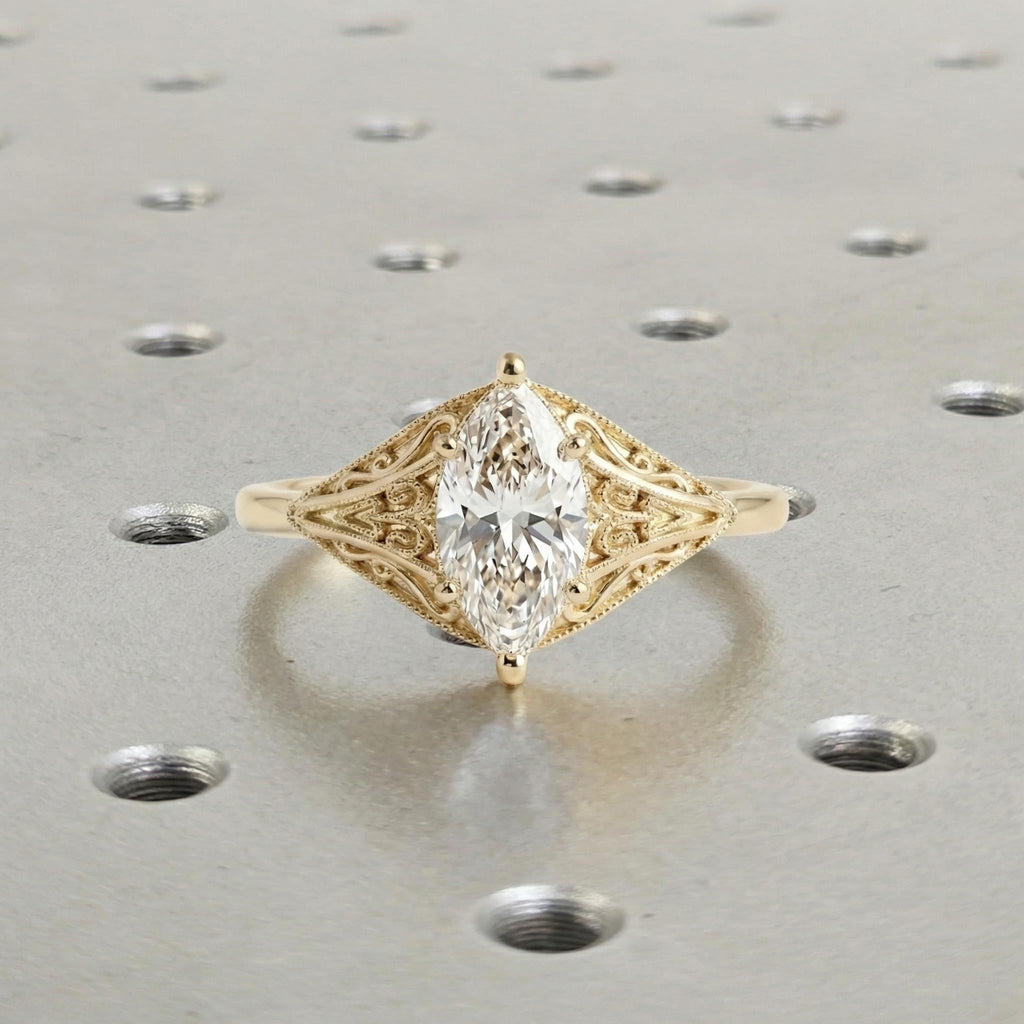Vintage Filigree Marquise cut Moissanite Engagement Ring | Art Deco Yellow Gold Wedding Ring For Women | Anniversary Gift for Wife