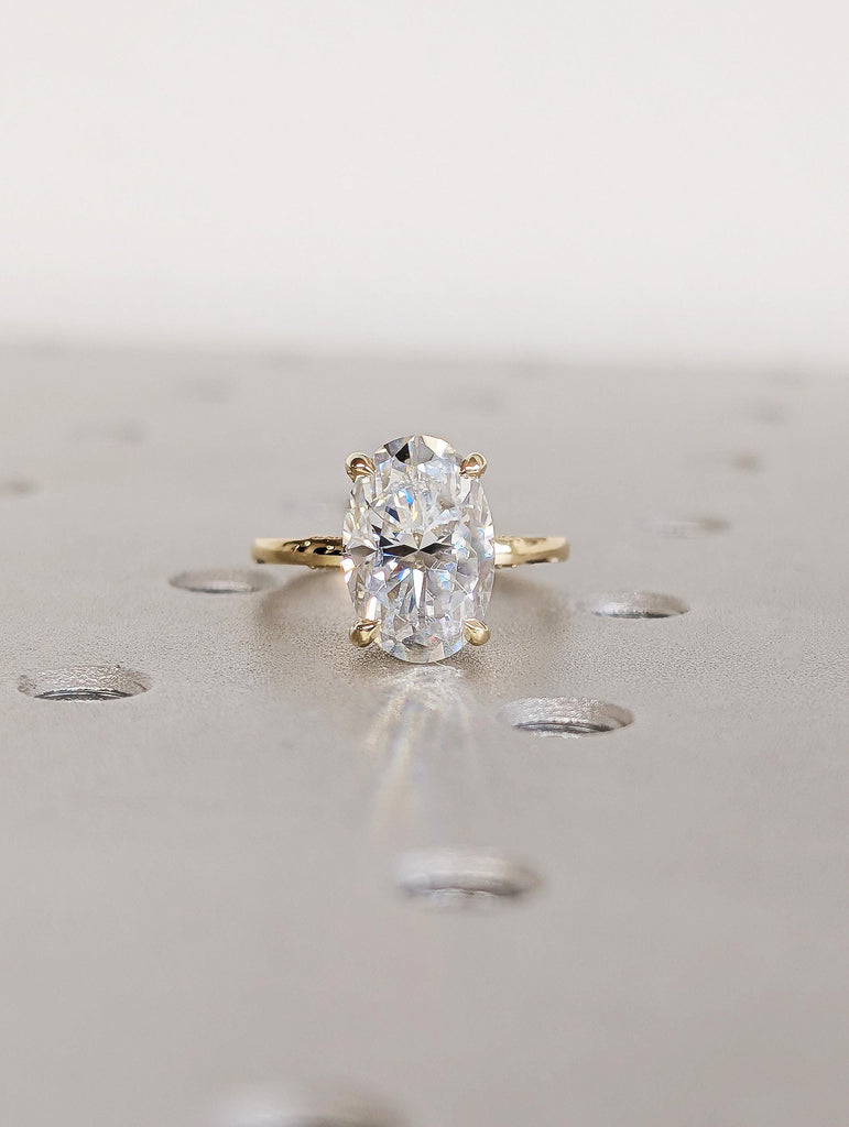 3ct Oval Cut Lab Diamond Engagement Ring, Art Deco Hidden Halo Diamond, 14K Solid Gold Women's Wedding Band