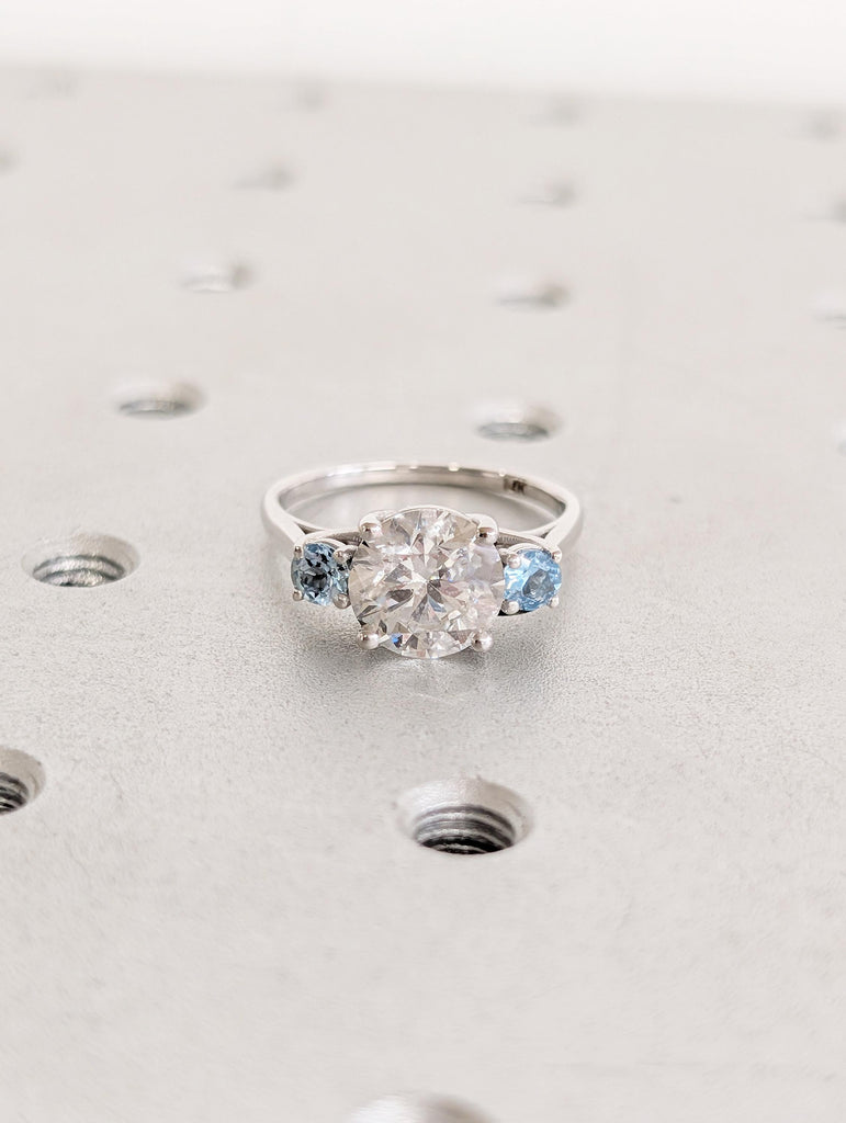 Round Cut Lab Grown Diamond, Aquamarine Three Stone Ring, Vintage 14k White Gold Wedding Engagement Rings for Women, Unique Trellis Set Ring image #6