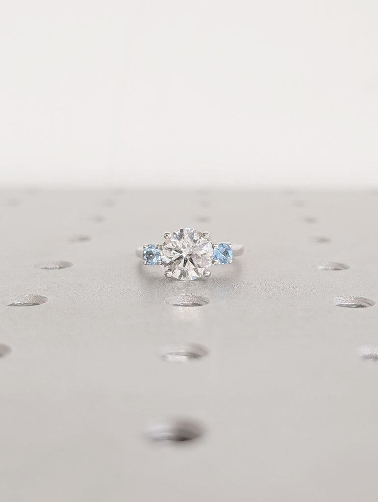 Round Cut Lab Grown Diamond, Aquamarine Three Stone Ring, Vintage 14k White Gold Wedding Engagement Rings for Women, Unique Trellis Set Ring image #8