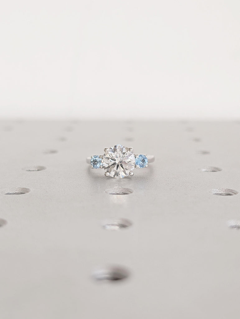 Art Deco 14k White Gold Three Stone Ring, Aquamarine & Lab Diamond Engagement Ring image #9