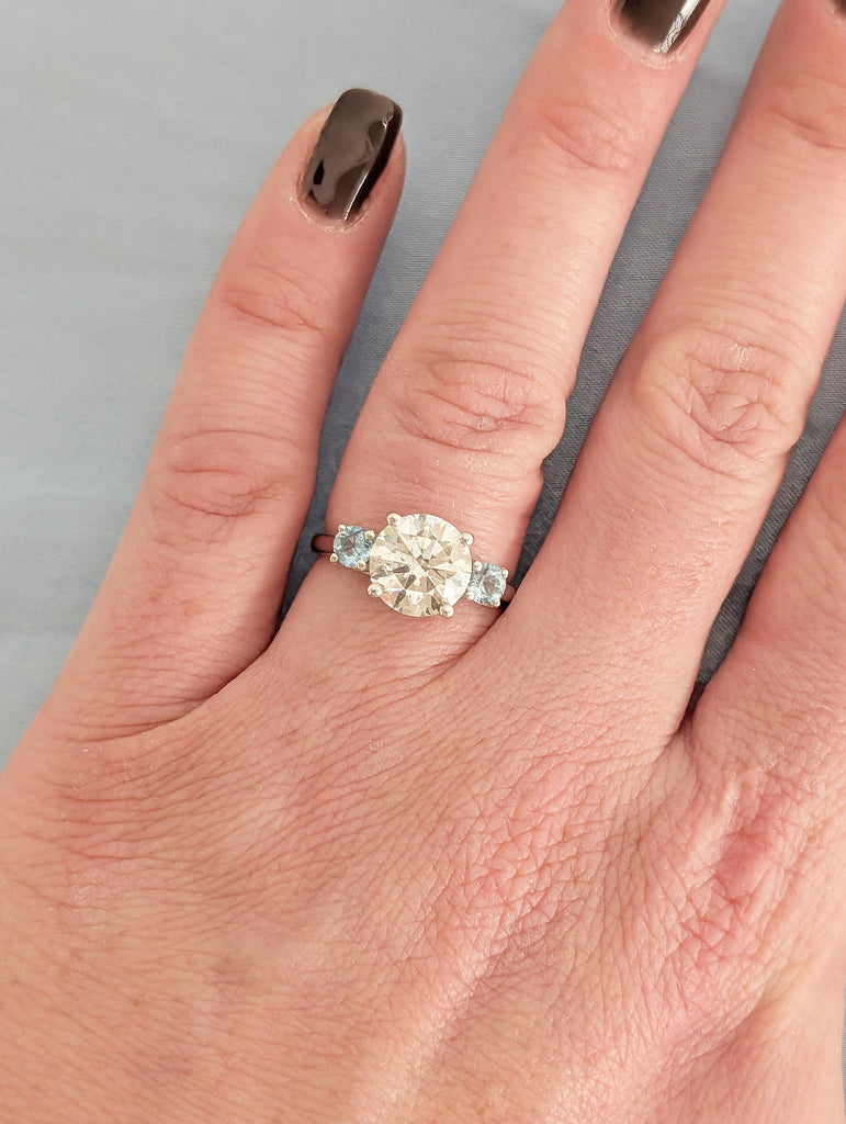 Round Cut Lab Grown Diamond, Aquamarine Three Stone Ring, Vintage 14k White Gold Wedding Engagement Rings for Women, Unique Trellis Set Ring image #2