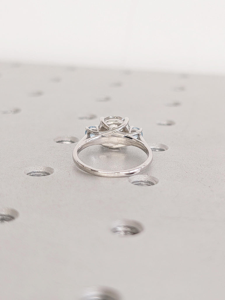Round Cut Lab Grown Diamond, Aquamarine Three Stone Ring, Vintage 14k White Gold Wedding Engagement Rings for Women, Unique Trellis Set Ring image #4
