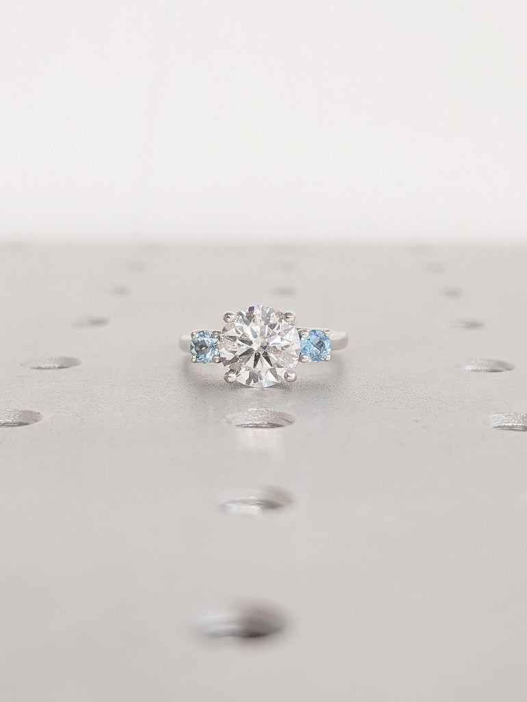 Moissanite and Aquamarine Past Present Future Ring, Three Stone Engagement Ring, Art Deco 14k White Gold Promise Ring for Her, Bridal Ring image #14