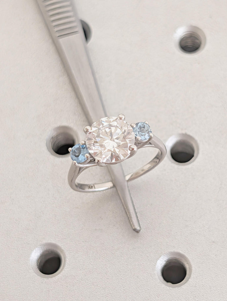 Round Cut Lab Grown Diamond, Aquamarine Three Stone Ring