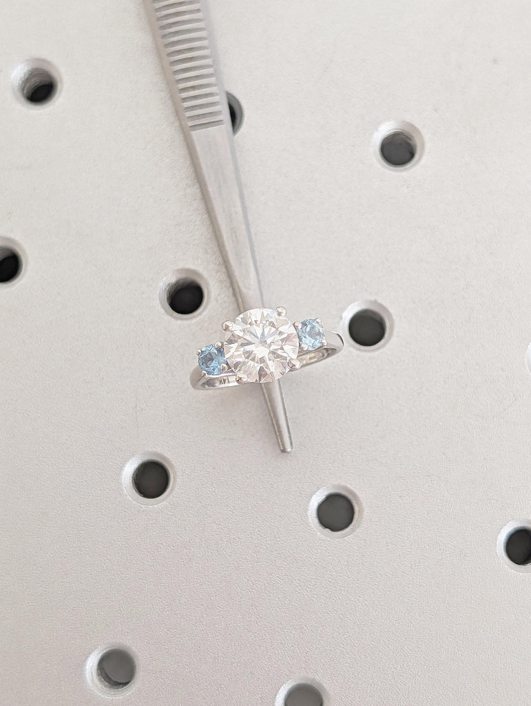 Trellis Setting Ring, 14k White Gold Aquamarine Moissanite Engagement Ring, Vintage Style Rings image #2