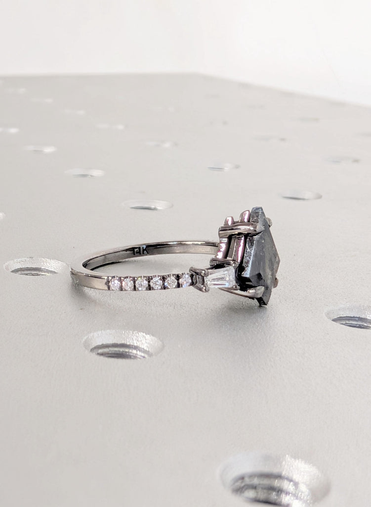 Salt and Pepper Diamond, Raw Diamond Kite Ring, Art Deco Round Cut Baguette Diamond Pave Band, 14K Gold Ring, Rings for Women One of a Kind image #10