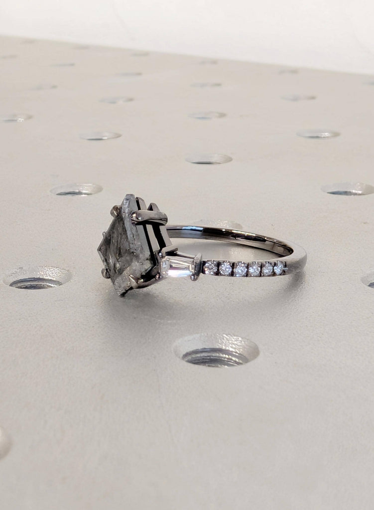 Salt and Pepper Diamond, Raw Diamond Kite Ring, Art Deco Round Cut Baguette Diamond Pave Band, 14K Gold Ring, Rings for Women One of a Kind image #12