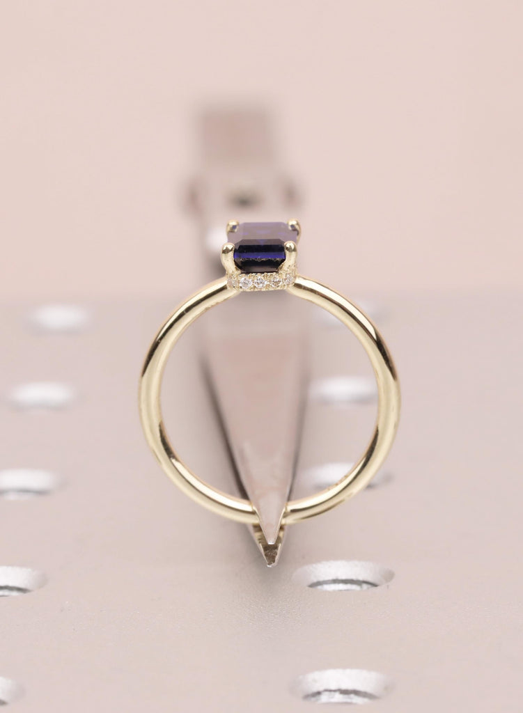 Emerald Cut Blue Sapphire Ring, 14k Solid Gold Hidden Halo Wedding Anniversary Ring, Bezel Set Diamond Statement Ring, Women's Proposal Ring image #2