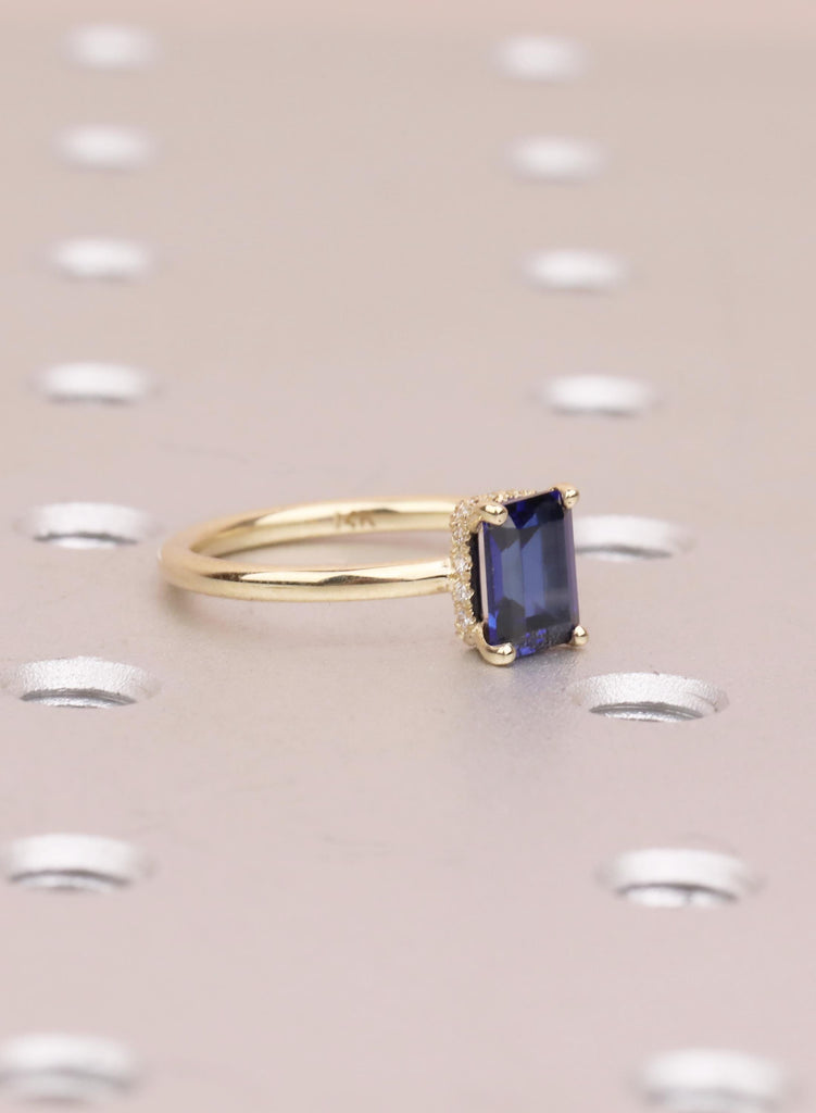 Emerald Cut Blue Sapphire Ring, 14k Solid Gold Hidden Halo Wedding Anniversary Ring, Bezel Set Diamond Statement Ring, Women's Proposal Ring image #15