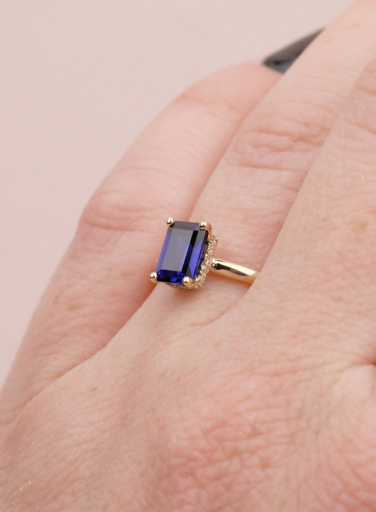 Emerald Cut Blue Sapphire Ring, 14k Solid Gold Hidden Halo Wedding Anniversary Ring, Bezel Set Diamond Statement Ring, Women's Proposal Ring image #7