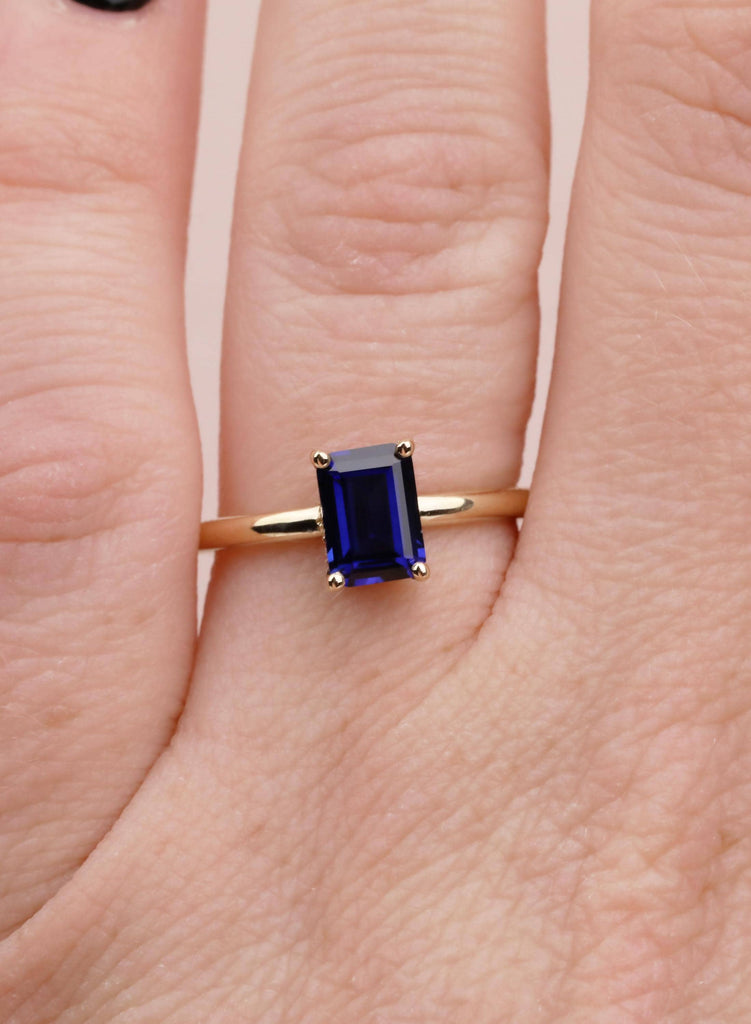 Emerald Cut Blue Sapphire Ring, 14k Solid Gold Hidden Halo Wedding Anniversary Ring, Bezel Set Diamond Statement Ring, Women's Proposal Ring image #8