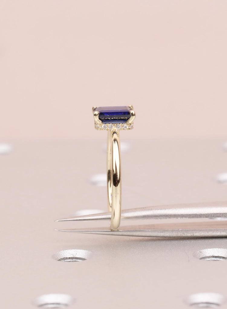 Emerald Cut Blue Sapphire Ring, 14k Solid Gold Hidden Halo Wedding Anniversary Ring, Bezel Set Diamond Statement Ring, Women's Proposal Ring image #3