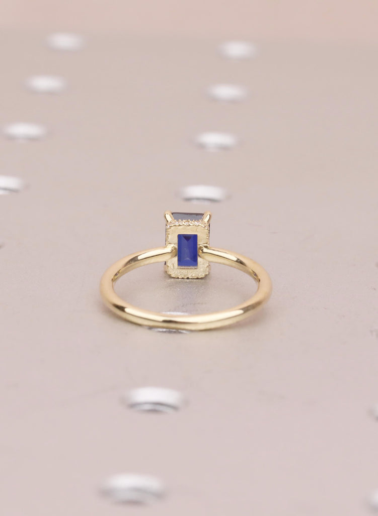 Emerald Cut Blue Sapphire Ring, 14k Solid Gold Hidden Halo Wedding Anniversary Ring, Bezel Set Diamond Statement Ring, Women's Proposal Ring image #11