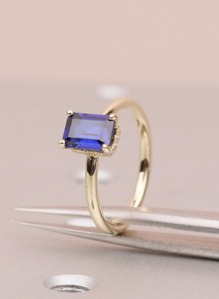 Emerald Cut Blue Sapphire Ring, 14k Solid Gold Hidden Halo Wedding Anniversary Ring, Bezel Set Diamond Statement Ring, Women's Proposal Ring image #4