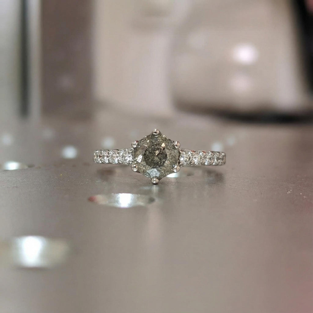 Raw Salt and Pepper Diamond Engagement Ring, Vintage 14K White Gold Ring