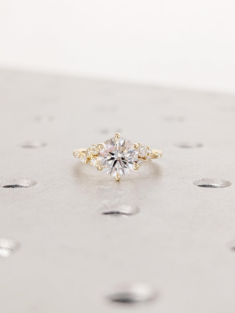 Round Moissanite Ring, Winter Engagement Ring, 18k Yellow Gold 6 Prongs Anniversary Ring for Women, Unique Snowdrift Cluster Diamond Ring image #14