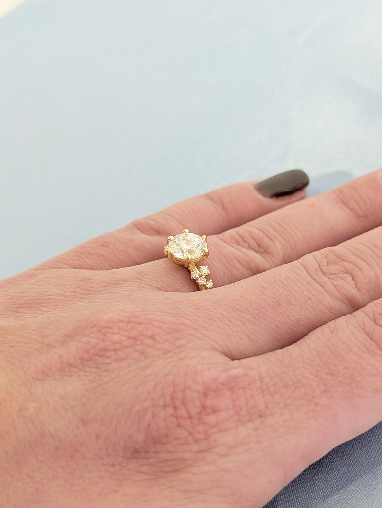 Round Moissanite Ring, Winter Engagement Ring, 18k Yellow Gold 6 Prongs Anniversary Ring for Women, Unique Snowdrift Cluster Diamond Ring image #2