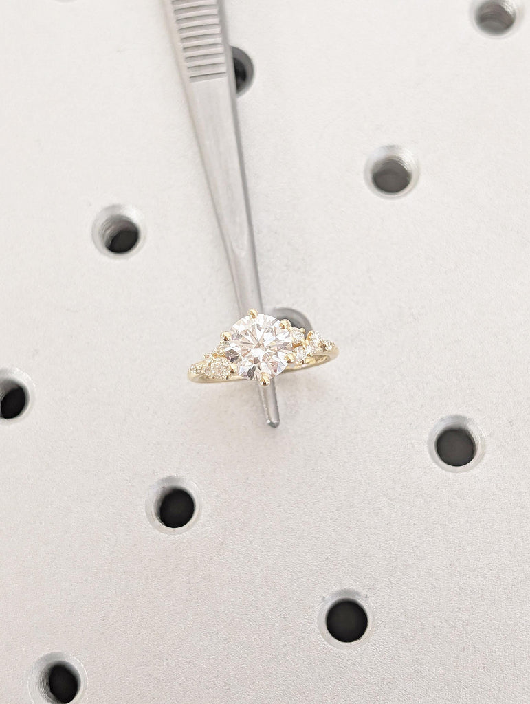 Round Moissanite Ring, Winter Engagement Ring, 18k Yellow Gold 6 Prongs Anniversary Ring for Women, Unique Snowdrift Cluster Diamond Ring image #3