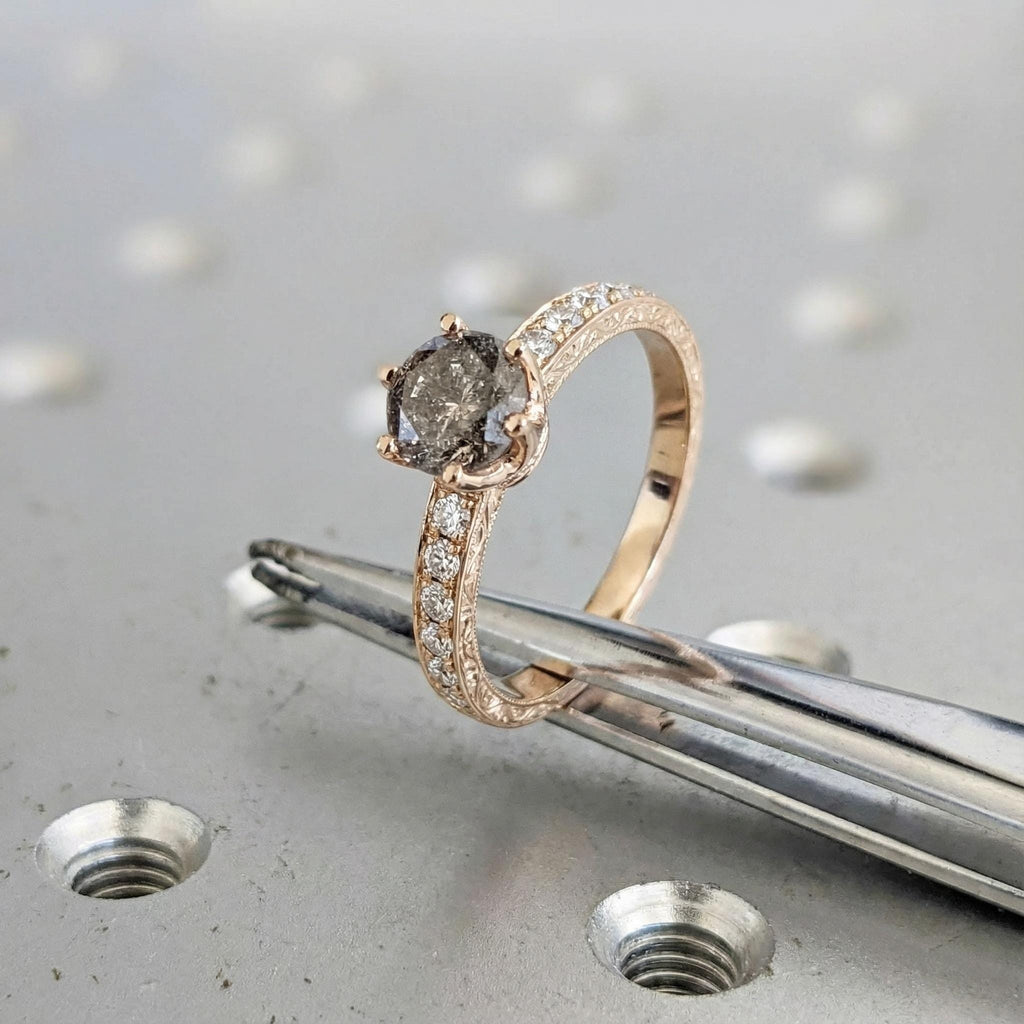 Salt And Pepper Diamond Vintage Engagement Ring | 18K Rose Gold Ring | Paved Moissanite Wedding Ring | Bridal Ring | Promise Ring