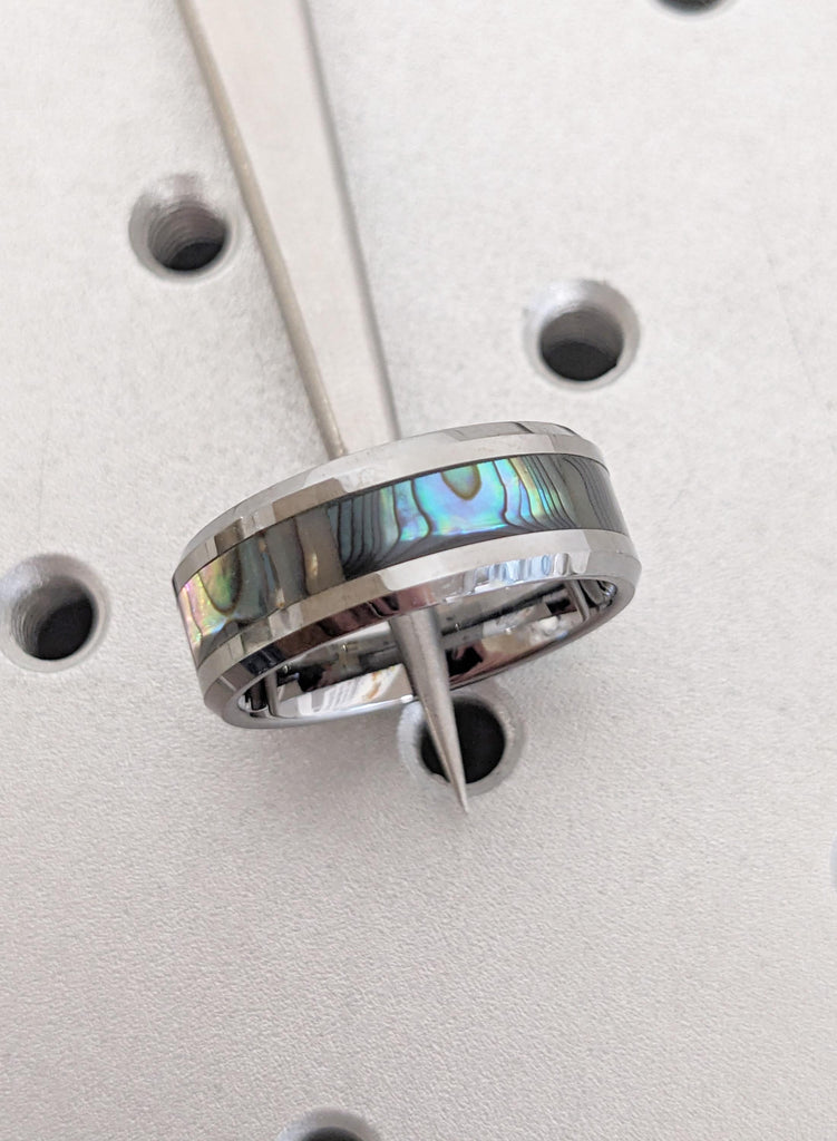 8mm Natural Shell Inlay Tungsten Wedding Band for Men, Beveled Polished Ring, Comfort Fit Minimalist Mens Wedding Ring, Modern Mens Jewelry image #9